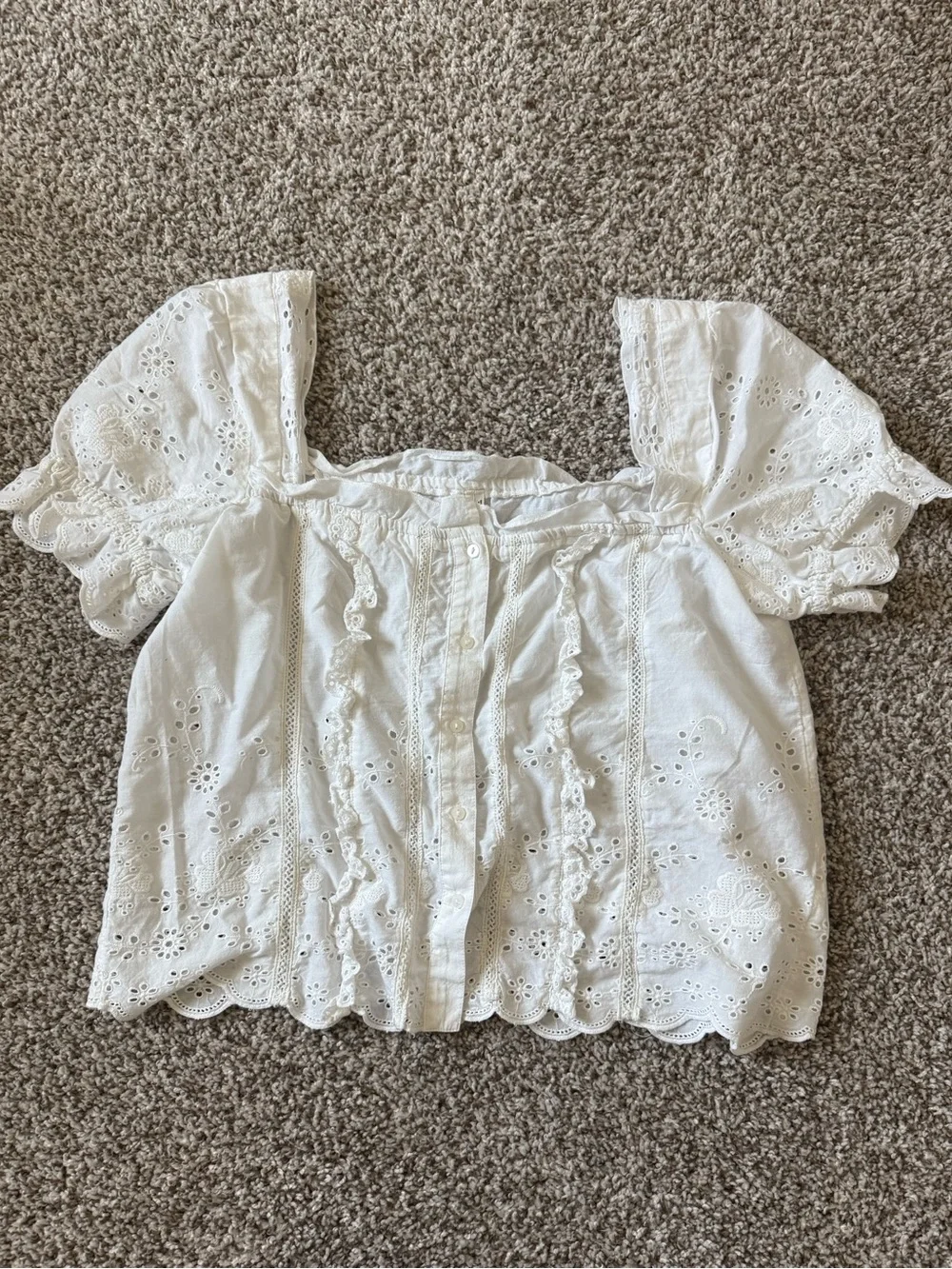 Anthropologie White Eyelet Ruffle Puff-Sleeve Top